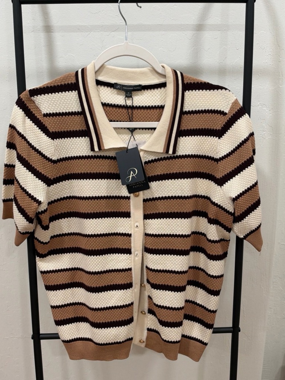 Adrianna Papell Cream, Tan & Brown Striped Short-Sleeve Polo Cardigan